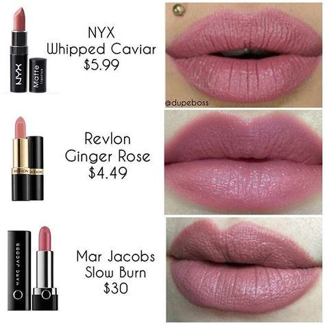 DUPE PROOF  Looking for a beautiful dusty rose lipstick?! WELL @marcbeauty Lip Créme in the shade Slow Burn ($30) has 2 alternatives that come very close in shade! The @nyxcosmetics lipstick in the shade Whipped Caviar for $5.99 AND the @revlon lipstick in shade Ginger Rose for $4.49! What's your fav? Comment Below  We hope this dupe helped @_gryffindors ❤️❤️ #nyx swatch by @lizbranquela  #revlon swatch by @flrnc.x ❤️ and #marcjacobs swatch by @dontcallmejesse #dupeboss Dusty Rose Lipstick, Ginger Rose, Best Lipstick Color, Revlon Lipstick, Lipstick Kit, Rose Lipstick, Lipstick Art, Makijaż Smokey Eye, Best Lipsticks