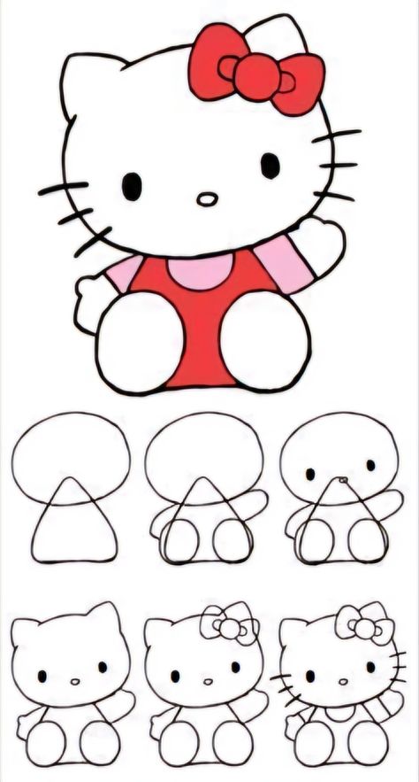 Hello Kitty Pants Drawing, Drawing Ideas Easy Sanrio, How To Draw Sanrio, How To Draw Hello Kitty Step By Step, Sanrio Drawings Easy, Hello Kitty Line Art, Sanrio Characters Drawing, How To Draw Hello Kitty, Easy Cartoon Drawings Step By Step