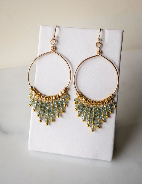 Gold Beaded Hoop Earrings Handcrafted 14k Gold-filled With Heishi Beads Tiny Blueish Green Crystals Handmade Boho Artisan Jewelry Gifts - Etsy Earrings Handmade Boho, Blueish Green, Handmade Boho Jewelry, Handcrafted Accessories, Handmade Wire Jewelry, Pretty Stuff, Heishi Beads, Beaded Hoop Earrings, Beaded Hoops