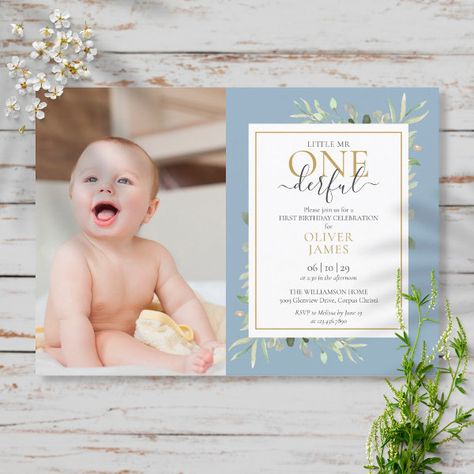 Little Mr ONEderful Photo Blue Boy First Birthday Invitation Little Mr, Wild One 1st Birthday, Elegant Birthday Invitations, Mr Onederful, Baby's First Birthday, Photo Birthday Invitations, 1st Birthday Photos, Elegant Birthday, Elegant Photo