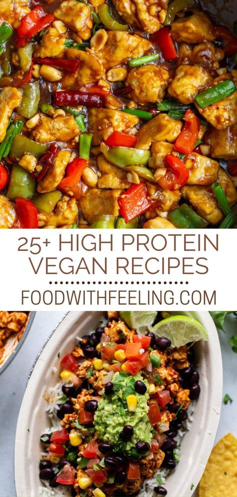 Looking for vegan and plant-based recipes that have plenty of protein? This roundup features over 25 High Protein Vegan Recipes that are easy to make and incredibly delicious. There's something for everyone, from soups and chilis to air fryer tofu and tempeh tacos. Each recipe is packed with nutrients, super satisfying and offers over 15 to 20 grams of plant-based protein per serving. Vegan Dinners High Protein, High Protein Vegan Lasagna, Plant Based Protein Salad, High Protein Veggie Recipes, High Protein Vegan Curry, Plant Base High Protein, Vegan Protein Low Calorie, High Protein Vegan Chili, Vegan High Protein Wrap