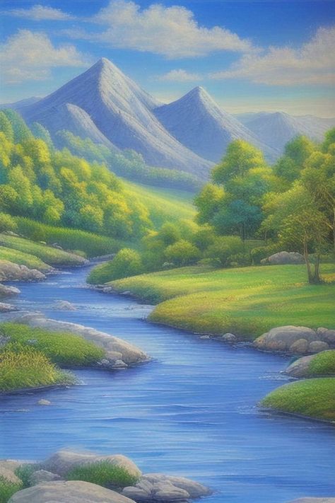 Beautiful landscape with mountains in the background and a river flowing down the valley. River Scenery Landscapes, Mountain Valley Drawing, Mountain With River Painting, Flowing River Painting, Peaceful Drawings Nature, Green Mountains Painting, Mountain With River Drawing, Valley Painting Landscapes, Mountain River Drawing