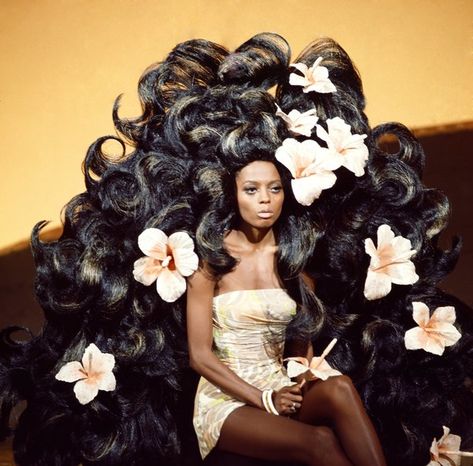 G.I.T. ON BROADWAY -- Aired 11/12/1969 -- Pictured: Diana Ross of The Supremes -- Photo by: Frank Carroll/NBCU Photo Bank Kristina Webb, Flowers In Her Hair, Vintage Black Glamour, Diana Ross, Hair Journey, Big Hair, Mode Vintage, Looks Vintage, Black Is Beautiful