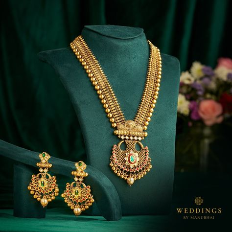 Couture, Wedding Gold Jewellery Set, Manubhai Jewellers Necklaces Gold, Gold Jewelry Set Design, Manubhai Jewellers Necklaces, Long Antique Necklace Gold, Antique Jewellery Designs Gold, Gold Jwellery Design Indian Jewelry, Malabar Gold Jewellery Necklaces Antique