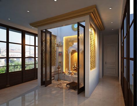 Temple room homify classic style houses | homify Temple Room, Pooja Door Design, Interior Designers In Hyderabad, Vastu House, Mandir Design, Temple Design For Home, Indian Home Interior, Pooja Room Door Design, Pooja Room Design