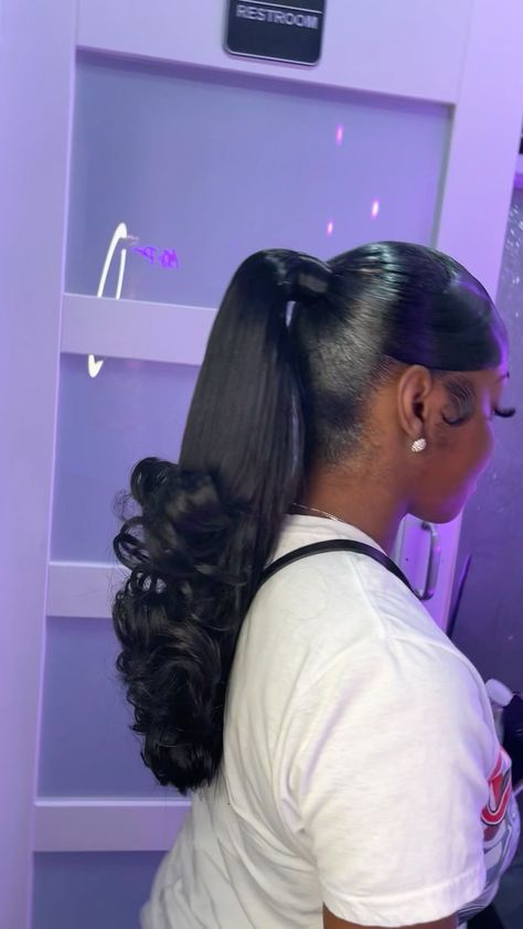 Black Barbie Ponytail Hairstyles, Two Barbie Ponytails With Swoop, Swoop Barbie Ponytail Weave, Side Part Quick Weave Ponytail, Barbie Flip Ponytail, Barbie Ponytail Flipped Ends, Barbie Frontal Ponytail, Slick Barbie Ponytail, Barbie Ponytail Braids