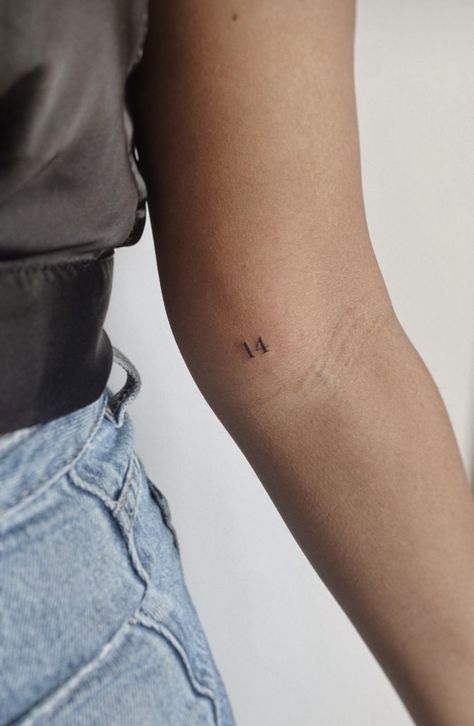 Number Tattoo Locations, Small Word Tattoos Arm, Dainty Number Tattoo Placement, Small Tattoo Numbers, Tattoos With Numbers Ideas, Inside Arm Small Tattoo, 16 Number Tattoo, Small F Tattoo, Delicate Tattoo Locations