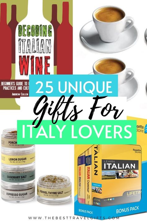 Do you need to find Christmas gifts for Italy lovers? Or is someone you know traveling or moving to Italy soon? Check out these 25 unique Italian gifts that go beyond the pizza recipe books! #Italy #Italian #Italygifts #Italylovers Italian Gift Ideas, Italy Gift Basket, Gift For Someone Traveling, Italy Gifts, Italian Boyfriend, Gifts From Italy, Italy Souvenirs, Going To Italy, Italian Theme