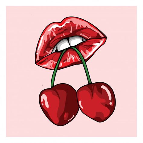 Lips bitting cherry hand drawn illustrat... | Premium Vector #Freepik #vector #hand Cherry Drawing, Cherries Painting, Lips Illustration, Cherry Tattoos, Siluete Umane, Lip Tattoos, Arte Pop, Red Aesthetic, Easy Drawings