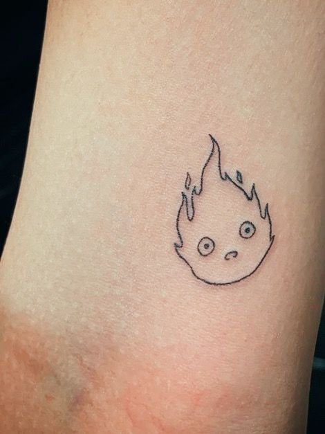 Small Fire Tattoo Ideas, Minimalistic Anime Tattoo Ideas, Minimalistic Fire Tattoo, Aesthetic Anime Tattoos Simple, Minimal Ghibli Tattoo, Medium Simple Tattoos, Fire Princess Tattoo, Cute Line Tattoos Simple, Small Simple Anime Tattoos