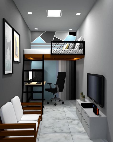 Gamer Loft Bed Ideas, Loft Bed Office Ideas, Teen Boy Bed Loft, Studio With Loft Bed, Loft Bed Studio Apartment Adult, Loft Bed With Futon, Loft Bed With Gaming Area, Small Loft Office, Loft In Bedroom