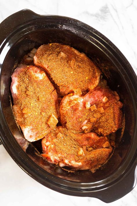 Easy shredded crockpot salsa pork chops made with just onion, salsa, and taco seasoning for fall-apart juicy shredded pork. Super versatile and perfect for tacos, sandwiches, salads, and more. Paleo, Whole30, gluten-free, and dairy-free. Country Style Boneless Pork Ribs, Salsa Pork Chops, Shredded Pork Crockpot, Mexican Pork Chops, Pork Tacos Crockpot, Crockpot Carnitas, Shredded Pork Tacos, Slow Cooker Pork Shoulder, Mexican Slow Cooker