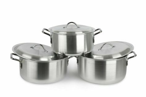 Aluminium Stock Soup Pot Pan Saucepan Cooking Stew Casserole 3 Pot Set 31cm 33cm 36cm  High quality Kitchen king Cookware set Specially design for catering and professional cooking heavy duty body with made of fine quality material. • Thick base for excellent even heat distribution • Chrome finish  • Aluminium Material for Optimum heat conductivity • Made with fine quality material for extra durability and long last use. • Suitable for all heat sources Sizes In a Set: Cooking Materials, Professional Cooking, Cookware Set Stainless Steel, Thick Base, Stock Pots, Pot Set, High Quality Kitchen, Stock Pot, Cooking Pot