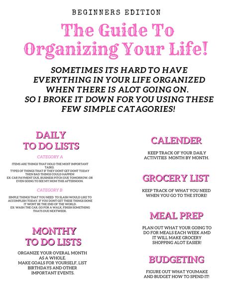 Organize Your Life -PINK- planner | organization | printable | Google doc | budgeting | calender | meal planner |  digital Are you struggling to stay on top of your busy schedule? Well by downloading this beginners planner you will be able to manage you life 100x better! This includes:  - Daily to Do Lists - Monthly to Do Lists - Grocery Lists - Budgeting Templates - Calenders - Meal Prep Templates How To Be Organized In Life, Lists To Make To Organize Your Life, How To Organize Your Life, Planer Organisation, Organizing Your Life, Pink Printable, Planners And Organizers, Pink Planner, Google Doc