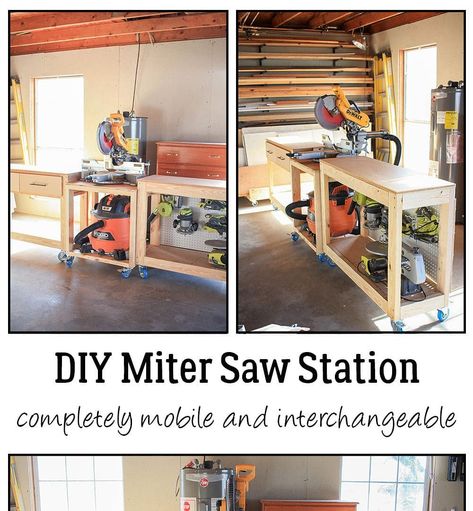 This awesome workshop masterpiece of a DIY miter saw station is such an easy build but will help so much in your wood shop! Build this mobile miter saw stand and tables to create a completely mobile miter saw station with peg board for holding small tools, small drawers to organize, and shelves to hold larger tools! Slim design is space saving too! Mobile Miter Saw Station, Miter Saw Station, Miter Saw Stand, Saw Station, Mitre Saw Station, Miter Saw Table, Rental Home Decor, Mitre Saw Stand, Shop Shelving