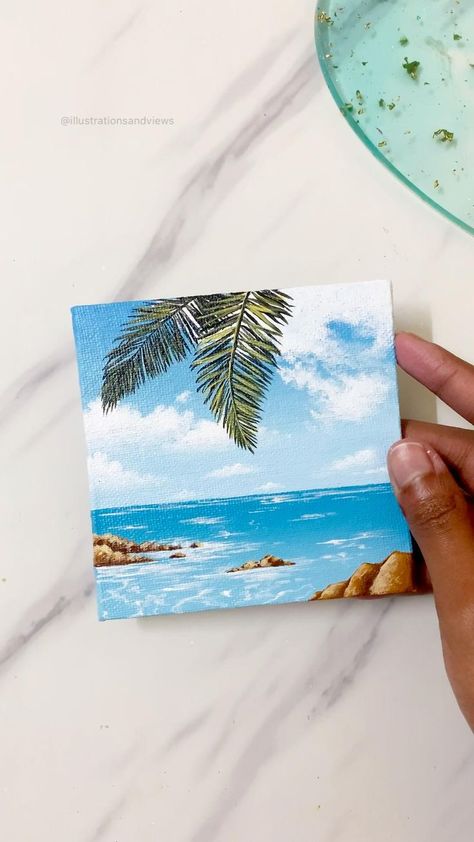 Beach Small Canvas Painting, Natural Canvas Painting, Beach Mini Canvas Painting, Canvas Painting With Watercolors, Small Art Painting Ideas, Mini Canvas Art Painting, Small Canvas Beach Paintings, Mini Canvas Art Beach, Painted Mini Canvas