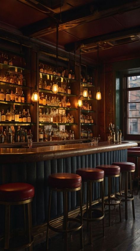 Whiskey Bar Design, Moody Cocktail Bar, Basement Styling, Whisky Bar Design, Home Speakeasy Bar, Dark Bar Aesthetic, Vintage Bar Aesthetic, Wine Bar Lounge, Speakeasy Aesthetic