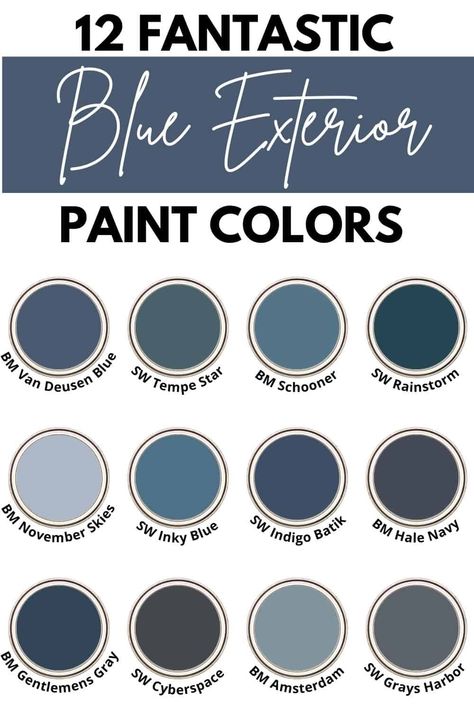 Navy Blue Outside House Paint, Light House Dark Trim Exterior Paint, Blue Grey Paint Color Exterior, Sw Blue Exterior House Colors, Blue Grey Outdoor House Paint, Blue Exterior House Colors With Brick, Light Blue House Dark Trim Exterior, Blue Wooden House Exterior, Landscaping Blue House