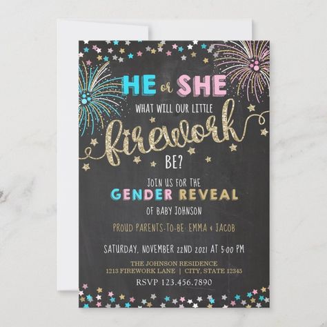 Little Firework Gender Reveal Invitation  Zazzle Gender Reveal Flyer, Firework Gender Reveal, Gender Reveal Unique, Gender Reveal Invitations, He Or She, Baby Party, Reveal Parties, Gender Reveal Party, Gender Reveal