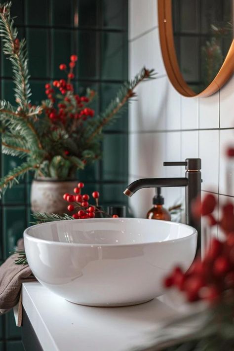 Festive Christmas Bathroom Decor Ideas to Try Christmas Powder Room Decor, Decorating Bathroom For Christmas, Bathroom Christmas Decor Ideas, Christmas Bathroom Ideas, Winter Bathroom Decor, Christmas Bathroom Decor Ideas, Bathroom Holiday Decor, Small Home Bar, Bathroom Christmas Decor