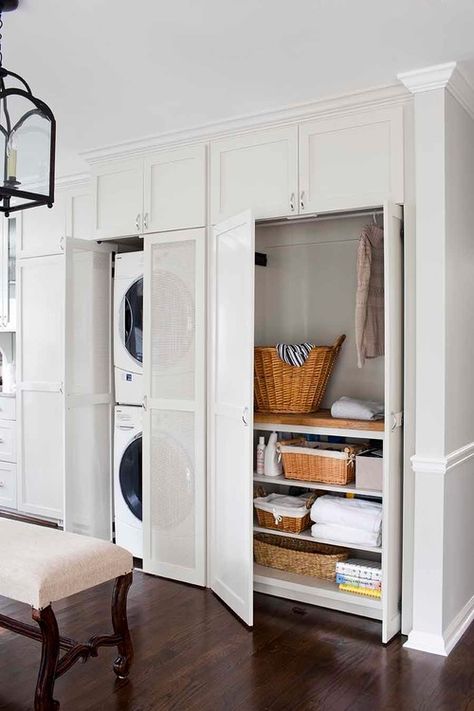 Closet laundry Floor To Ceiling Cabinets, Laundry Room Storage Shelves, Hidden Laundry, Laundry Room/mud Room, Small Laundry Room Organization, Doors Ideas, Laundry Cabinets, Laundry Room Cabinets, Laundry Closet