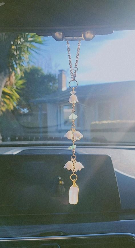 Lily of the valley with rose quartz Car Rear View Mirror Accessories, Car Hanger, Car Charm, Sun Catcher, Room Decor -  #accessories #Car #Catcher #Charm #decor #Hanger #Lily #Mirror #Quartz #Rear #Room #Rose #Sun #Valley #View Cottagecore Car Accessories, Diy Car Charms Rear View Mirror, Car Trinkets, Diy Car Mirror Hangers, Diy Car Charms, Car Charms Diy, Cute Car Decor Ideas, Aesthetic Car Decor, Car Mirror Accessories