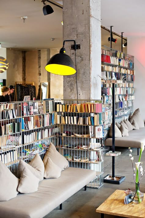 Michelberger Hotel - design boutique hotel in Berlin. Bookstore Design, Book And Coffee, Library Cafe, Boutique Hotels Design, Hostels Design, Bookstore Cafe, Restaurant Photography, Book Cafe, Cafe Interior Design