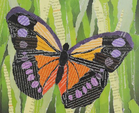 Butterfly Collage using old magazines.  By Carol Mikkelson Giant Wall Art, Butterfly Collage, Collage Video, Collage Quilts, Art Papillon, Kindergarten Art Projects, Nature Collage, Newspaper Art, Collage Art Projects