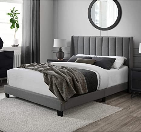 Grey Bed Frame Bedroom Ideas, Panel Bed Frame, Grey Headboard Bedroom, Simple Bed Designs, Queen Size Bed Frame, Grey Bed Frame, Headboard Queen, Small Bedroom Furniture, Grey Headboard