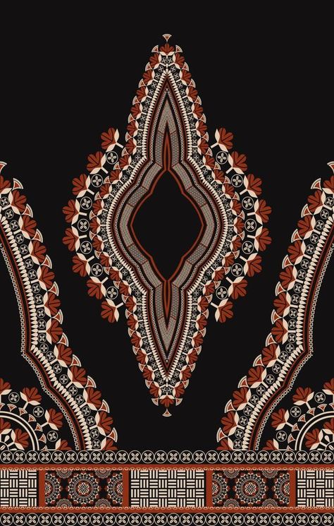 Ethnic west African dashiki dress floral pattern on black color background. Tribal art shirts fashion. Neck embroidery ornaments. African Embroidery Designs, Black Color Background, African Dashiki Dress, Ethnic Print Pattern, Embroidery Ornaments, Black Colour Background, African Pattern Design, Dashiki Dress, African Dashiki