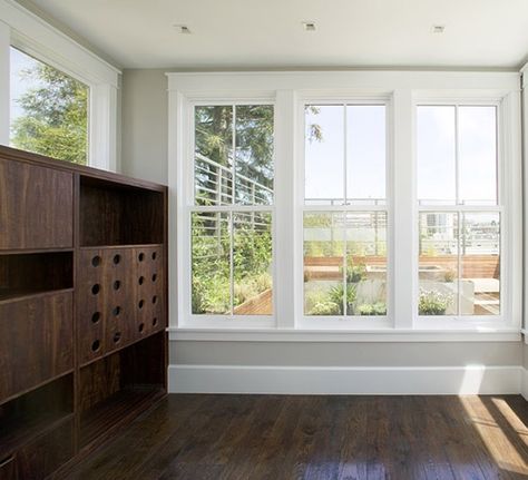 Last weekend, I took the annual AIA tour of Bay Area residences; one of the most appealing homes on the circuit was a 1906 Victorian Pacific Heights remode Triple Window, Wood Baseboard, Baseboard Styles, Interior Window Trim, Baseboard Trim, Trim Ideas, Victorian Townhouse, Window Molding, White Windows