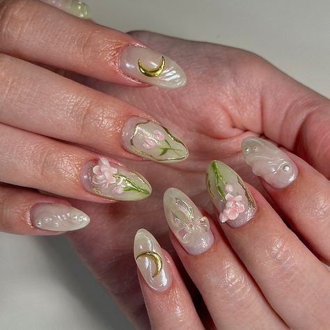 🌜FLOWERS OF THE MOON 🌷 My clients set to Japan, it was my first time using my silicon floral moulds and it was so fun 🤣 🌜structured efile + level 3 nail art + charms 🌷custom press ons available through dm or Etsy link in bio ✨book an appointment via link in bio #nails #nailsofinstagram #nailsoftheday #nailsnailsnails #nails2inspire #kawaiinails #cutenails #holidaynails #3dnailart #texturednails #pinterest #tiktok #nailsdesign #gelnails #gelnail #gelnailsdesign #nailstagram #nailart #na... Lotus Flower Nails Design, Lotus Nails, Japan Nails, Mushroom Nails, Japan Nail Art, Bio Nails, Nail Store, Nail Art Charms, Moon Nails