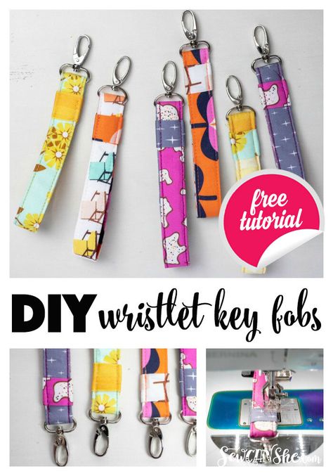 Sew a DIY Wristlet Key Fob - fast and easy gift idea! Sew Keychain Key Fobs, Keyfob Sewing Pattern, How To Make Cloth Keychains, Cloth Keychain Diy, Scrap Fabric Key Fob, Diy Sew Keychain, How To Sew A Keychain, Key Fob Sewing Pattern Free, Wristlet Sewing Pattern