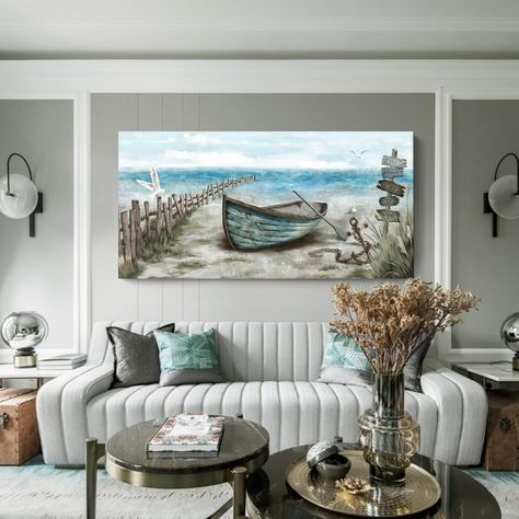 PRICES MAY VARY. ➤【Calming Seashore Aesthetic】 This serene extra large coastal decor wall art captures sea bird resting on the rowboat. Behind the boat is blue ocean with the soaring seagulls. The nautical palette of blues, sand beige, tan, and fluffy white clouds provide a soothing feel. Hang this beach themed wall art up for a calming vibe, and escape to the beach each day after work in the comfort of your home. ➤【Lightweight and Easy to Hang】 This big coastal wall art is lightweight and easy Beachy Office Decor, Paintings For Beach House Wall Art, Coastal Decorating Ideas, Beach Farmhouse Decor, Coastal Apartment Decor, Beach House Bedroom Master Ocean Views, Lake House Decor Paintings & Prints, Dark Wood Framed Nautical Wall Art Set, Coastal Living Rooms Paintings & Prints