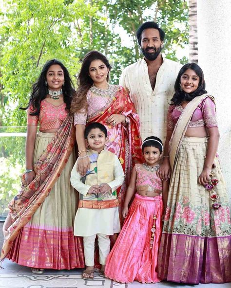 Celebrity Diwali Outfit, Dress For Family Function, Family Matching Outfits Indian Wedding, Family Matching Outfits Indian, Indian Wedding Bridesmaids, Blouse Designs High Neck, Kids Ethnic Wear, Bridal Sarees South Indian, Kids Blouse Designs