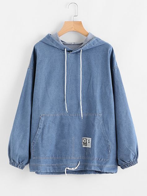 Shop Drawstring Hood Kangaroo Pocket Denim Sweatshirt online. SheIn offers Drawstring Hood Kangaroo Pocket Denim Sweatshirt & more to fit your fashionable needs. Hoodies Blue, Denim Sweatshirt, Sweatshirts Online, Blue Top, Mode Inspiration, Teen Fashion Outfits, Pullover Sweatshirts, Denim Shop, Denim Top