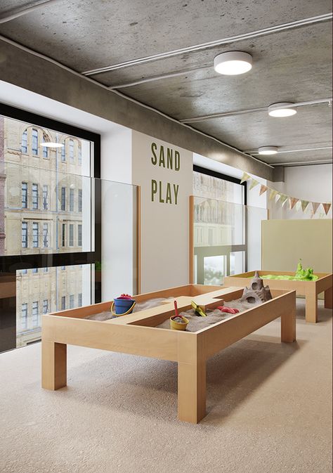 Activity Corner Ideas For Classroom, Kindergarten Classroom Play Area, Kids Club Ideas, Kids Cafe Interior, Aesthetic Daycare, Modern Daycare, Kids Area Design, Modern Daycare Design, Daycare Interior Design