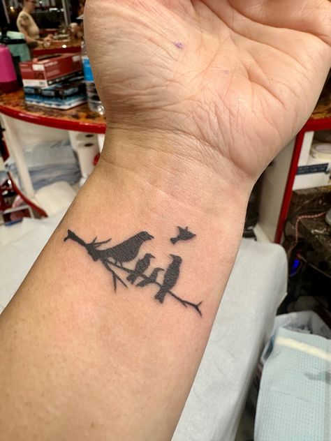 Our family and little baby in heaven Family Bird Tattoo, Family Bird Tattoo Ideas, 3 Birds Tattoo Family, Bird Family Tattoos For Women, Mom And Baby Bird Tattoo, Birds Tattoo, Tattoos