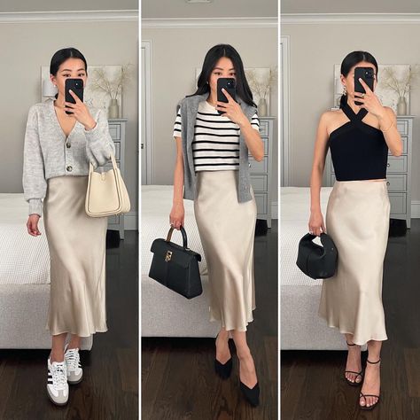 Last week’s outfits in photos, styling 1 piece multiple ways for spring. Which is more your style? I’m usually in elevated casual so my… | Instagram Satin Skirt Outfit Classy, Extra Petite Blog, Popular Fall Outfits, Silk Skirt Outfit, Office Outfits Women Casual, Satin Skirt Outfit, Cute Professional Outfits, Outfit Elegantes, Extra Petite