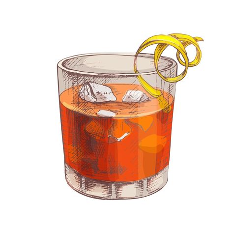 Negroni Drawing, Lemon Vector, Boulevardier Cocktail, Cocktail Book Design, Cocktails Drawing, Negroni Cocktail, Purple Cocktails, Boulevardier, Cocktail Illustration