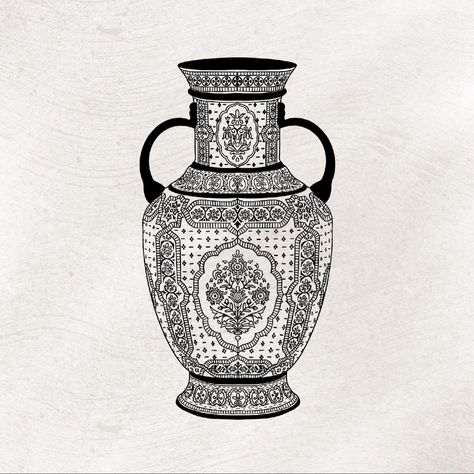 Vases Tattoo, Vase Art Drawing, Vase Design Tattoo, Vase Sketch, Vase Tattoo Back, China Vase Tattoo, Vase Back Tattoo, Japanese Vase Drawing, Chinese Vase Tattoo