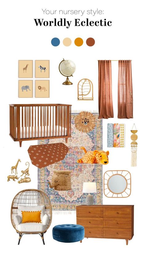 Rust And Teal Nursery, Blue Orange And Yellow Nursery, Neutral Colorful Nursery, Orange Gender Neutral Nursery, Colorful Safari Nursery, Unique Nursery Themes Gender Neutral, Mustard Nursery Ideas, Mediterranean Nursery Theme, Yellow Orange Nursery