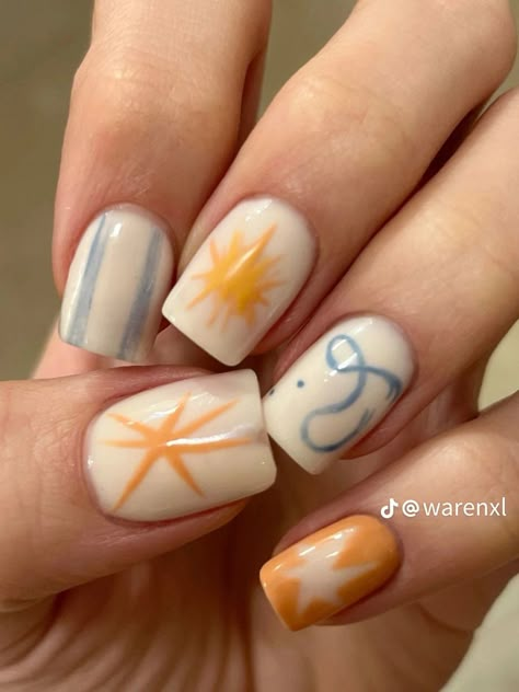 Neutral Funky Nails, Cmbyn Nails, Sardine Nails, Goldfish Nails, Neals Design, Yellow And Blue Nails, Camp Nails, Quirky Nails, Shark Nails