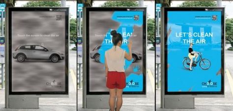 27 Awesome Billboards - This interactive poster lets users clean the air with their hands and reveals how using bicycles instead of automobiles would help. Ooh Marketing, Ambient Ads, Ambient Advertising, Tactical Urbanism, Interactive Poster, Interactive Advertising, Guerrilla Marketing, New York Taxi, Store Experience