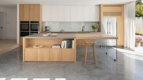 Kitchen Concrete Floor, Polished Concrete Kitchen, Surrey House, Hipped Roof, Open Plan Apartment, Larch Cladding, Kitchen Finishes, Concrete Kitchen, Hip Roof