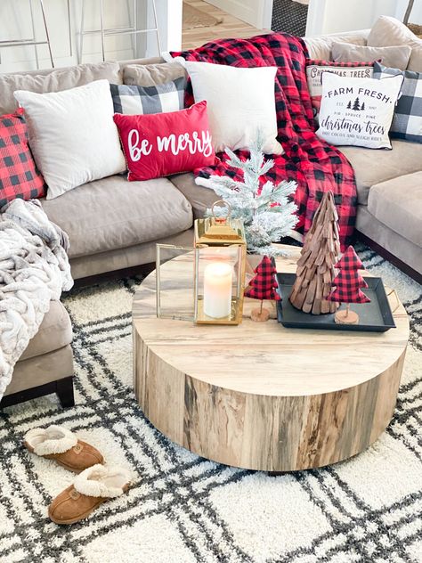 Affordable Buffalo Plaid Holiday Pillows and Decor | CC and Mike | Blog Buffalo Plaid Christmas Decor Living Room, Red Buffalo Plaid Christmas Decor, Table Christmas Decorations, Coffee Table Christmas, Plaid Living Room, Christmas Coffee Table, Plaid Pillows, Best Coffee Table, Christmas Coffee Table Decor