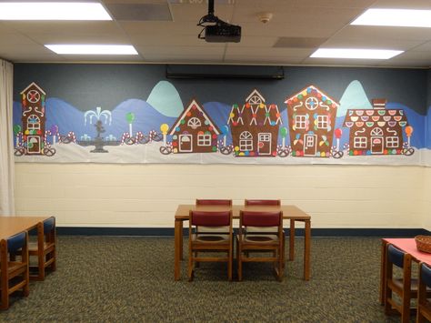 Gingerbread Village Bulletin Board Winter Village Bulletin Board, Gingerbread Village Bulletin Board, Gingerbread Village School Hallway, Christmas Village Bulletin Board, Ginger Bread Bulletin Board, Gingerbread Village Display Ideas, Gingerbread Library, Gingerbread House Bulletin Board, Gingerbread Bulletin Board Ideas