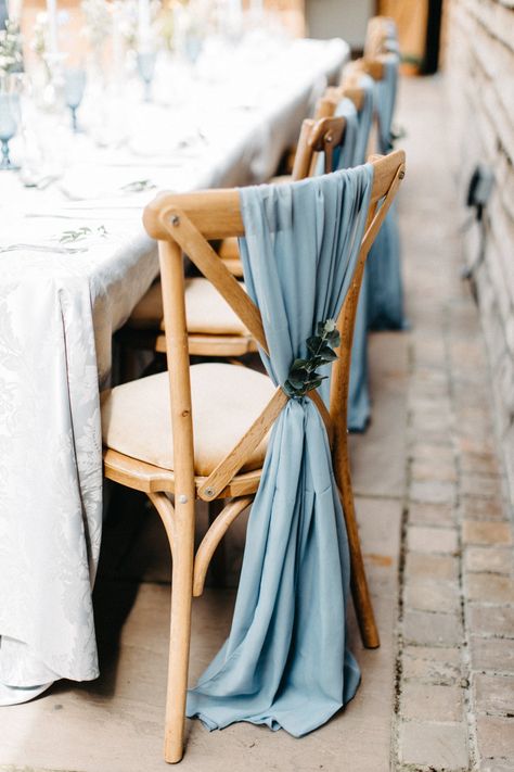 Dusty Blue Wedding Theme Rustic, Pastel Blue Wedding Decor, Blue Decorations Wedding, Rustic Wedding Chair Decor, Blue Rustic Wedding Decor, Wedding Decor Chairs, Wedding Blue Theme, Wedding Decoration Blue, Wedding Decorations Blue