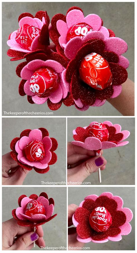 Flowers made from Suckers Valentine Treat Saint Valentin Diy, Valentines Bricolage, Valentinstag Party, Valentine Crafts For Kids, Valentine Projects, Diy Valentines Crafts, Valentines Day Treats, Valentines School, Valentine Candy