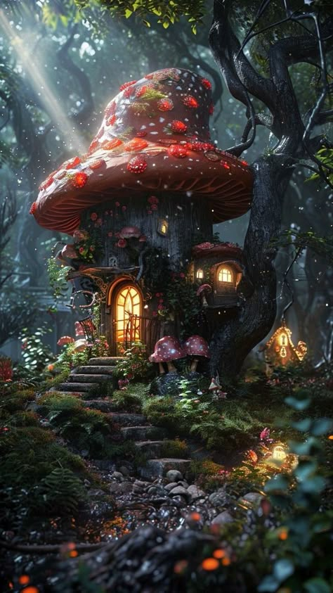 Halloween Forest Aesthetic, Fairy Mushroom House, Wave Photos, Magical Village, Mushroom Home, Whimsical Art Paintings, Waves Photos, Fairy Village, Halloween Facts